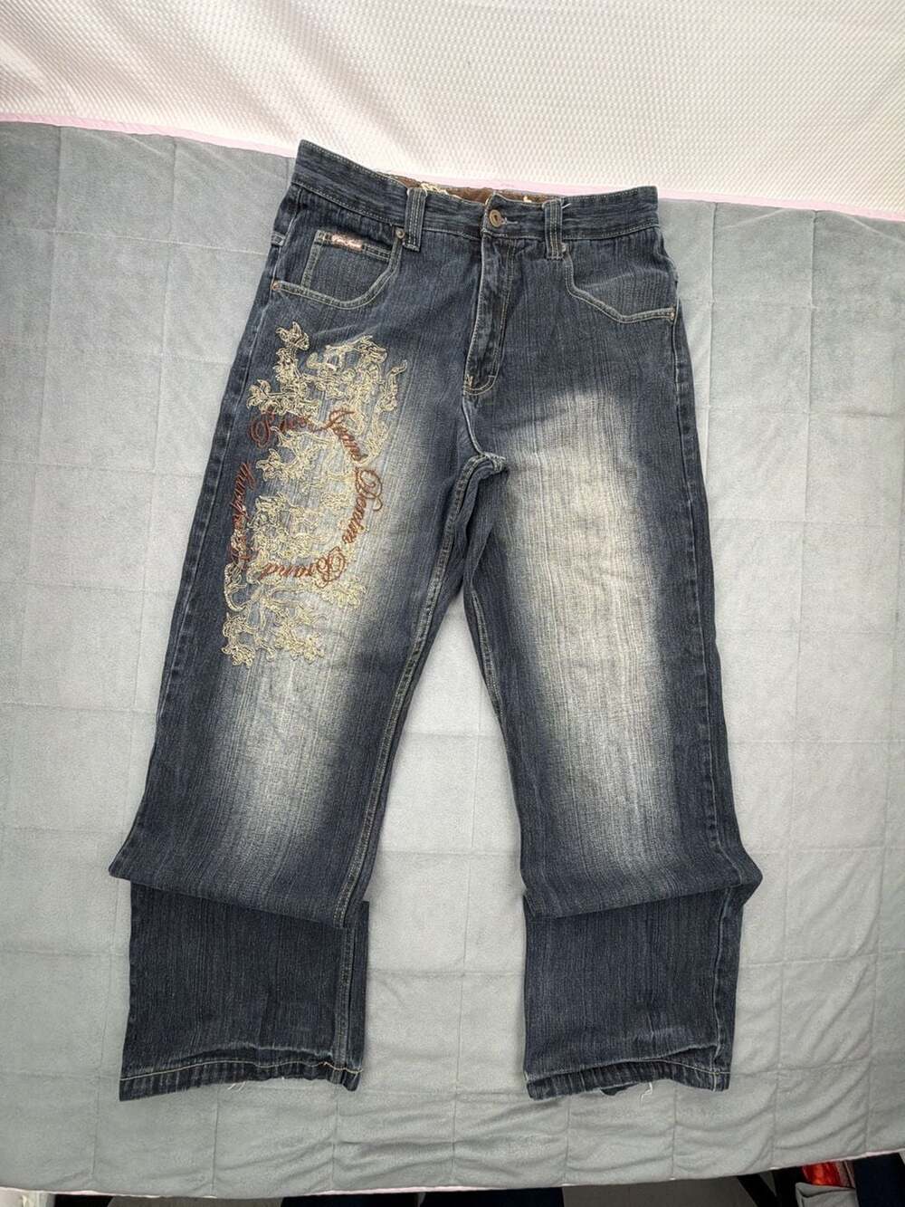 Paco Jeans Embroidered Baggy Dark Wash Denim Pants Y2K distressed